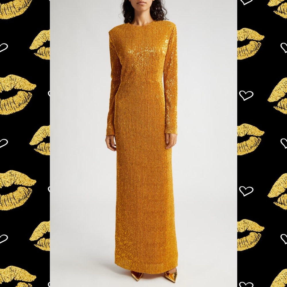 STINE GOYA Gold Carson Dress with complimentary gold and silver sandals.